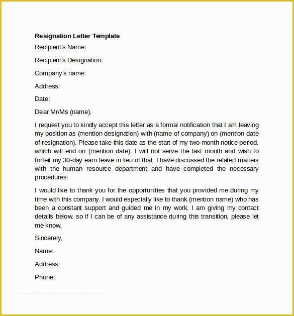 Free Resignation Letter Template Word Of Sample Resignation Letter Example 10 Free Documents
