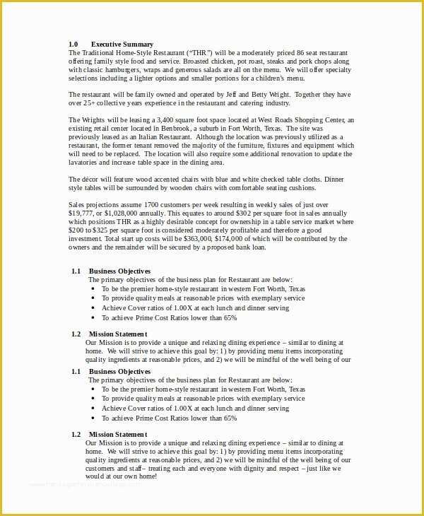Free Restaurant Business Plan Template Of Restaurant Business Plan 16 Pdf Word Google Docs