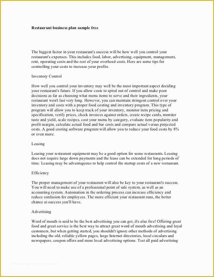 Free Restaurant Business Plan Template Of Restaurant Business Plan Sample Free