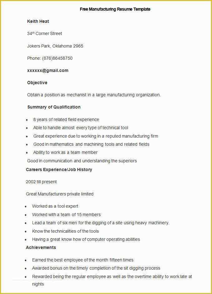 Free Resume Outline Template Of Manufacturing Resume Template – 26 Free Samples Examples