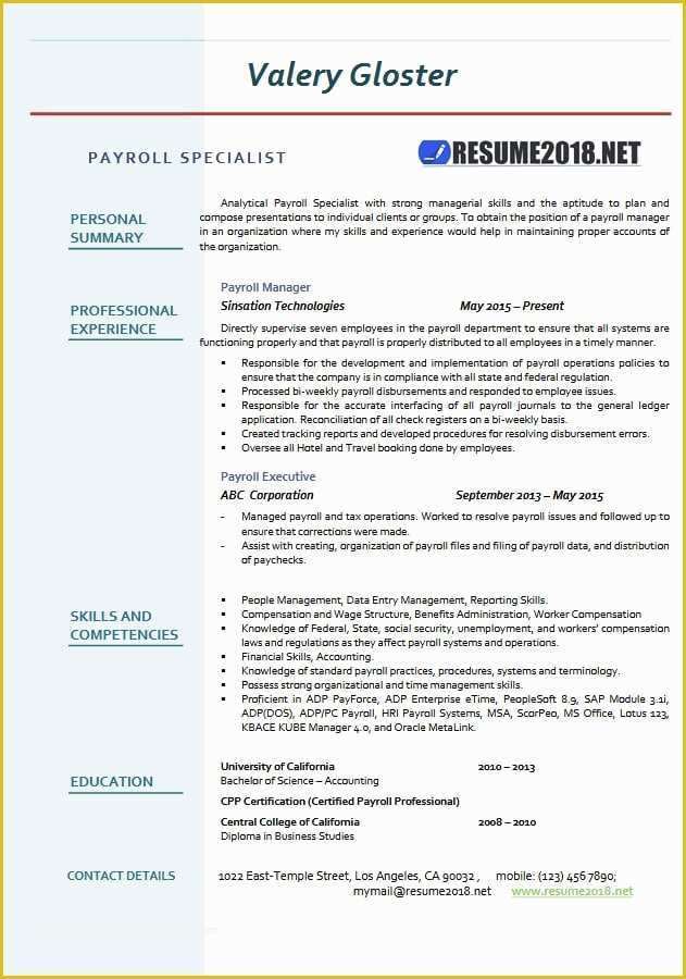 Free Resume Templates 2018 Of Payroll Specialist Resume Templates 2018 Resume 2018