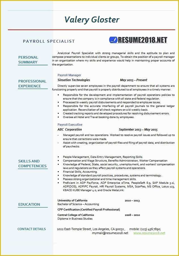 Free Resume Templates 2018 Of Payroll Specialist Resume Templates 2018 Resume 2018