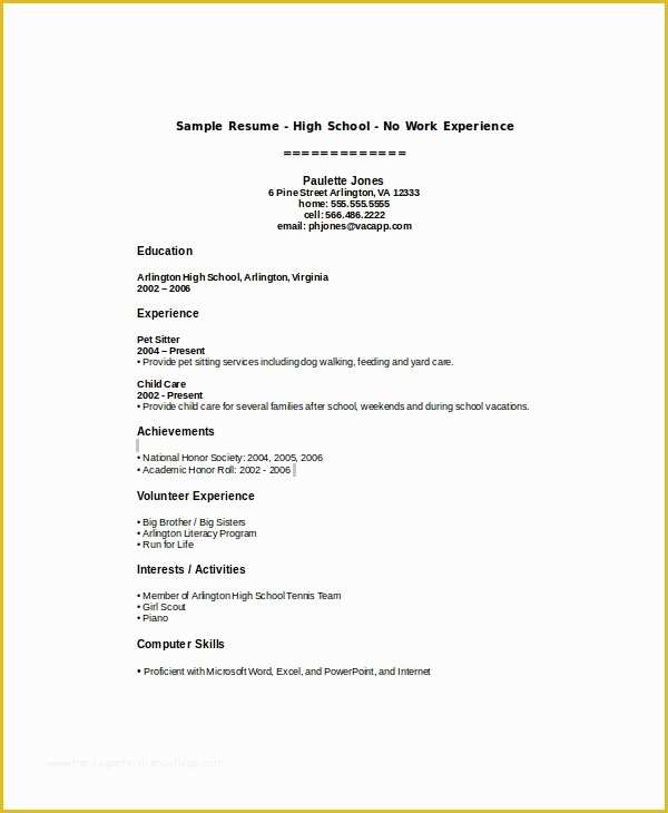 Free Resume Templates for Highschool Students with No Work Experience Of 8 High School Student Resume Samples