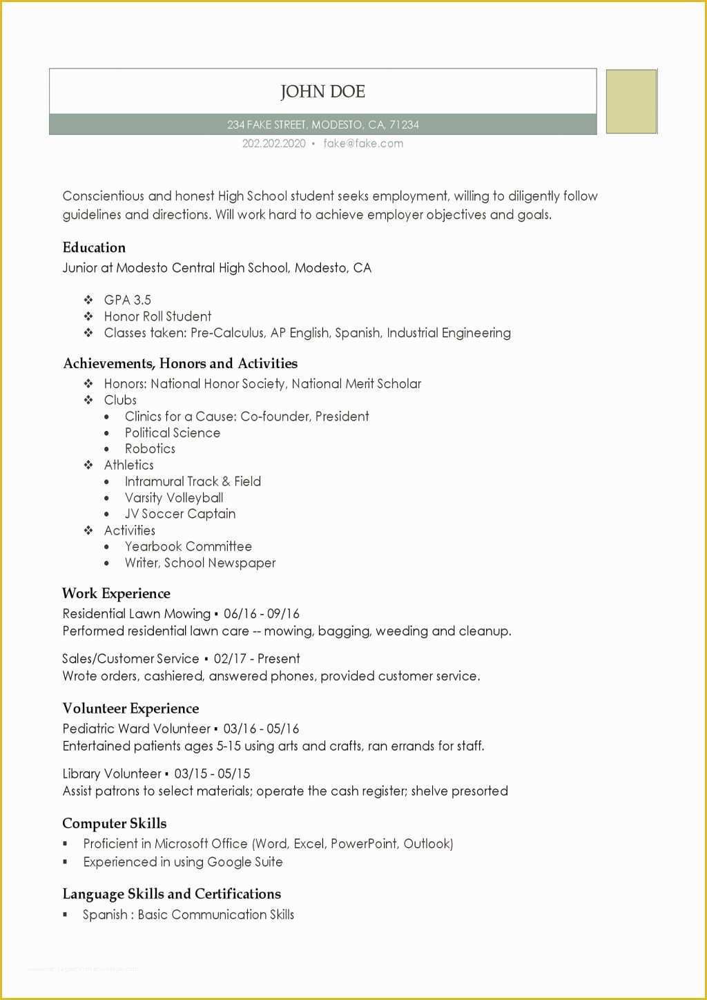 Resume For High School Student With No Work Experience Template