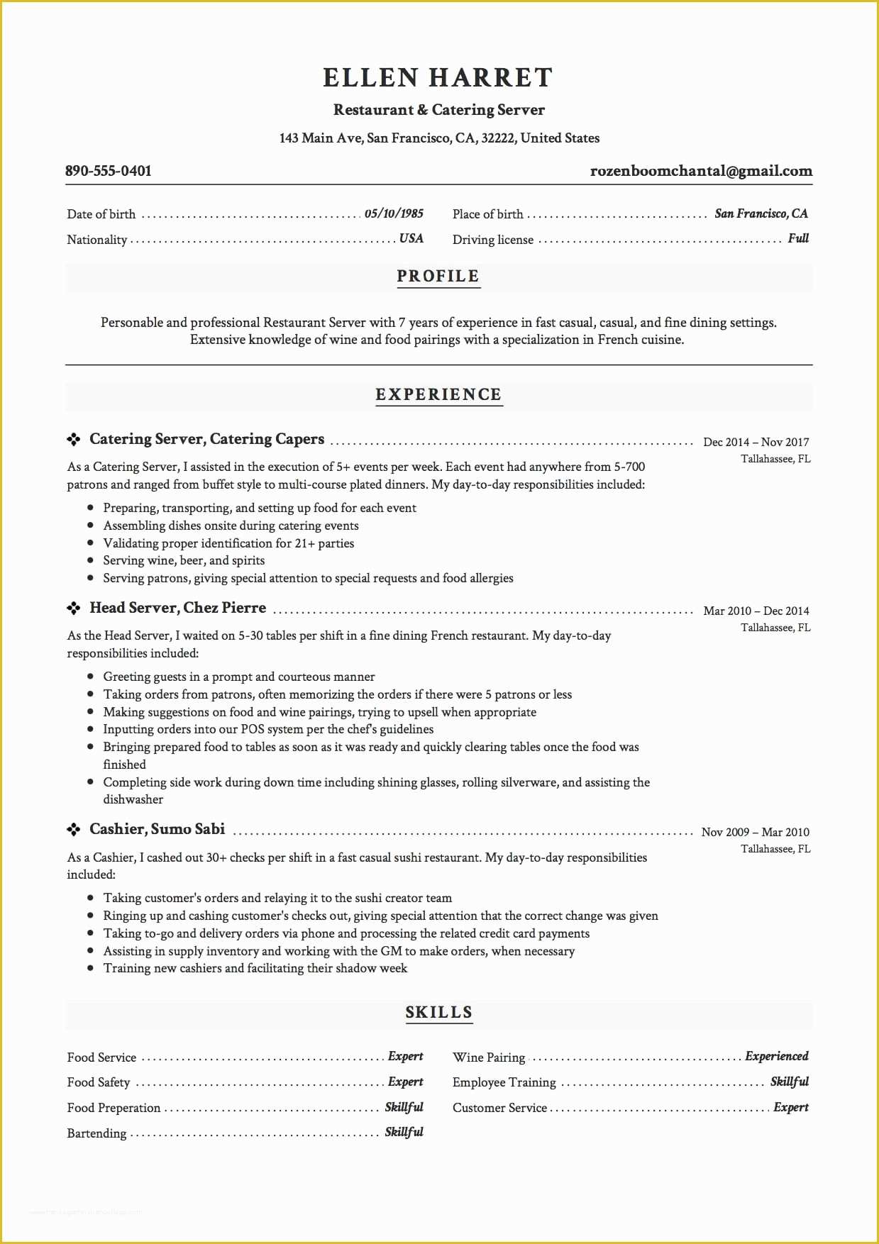 Free Resume Templates for Restaurant Servers Of 12 Restaurant Server Resume Sample S 2018 Free Downloads