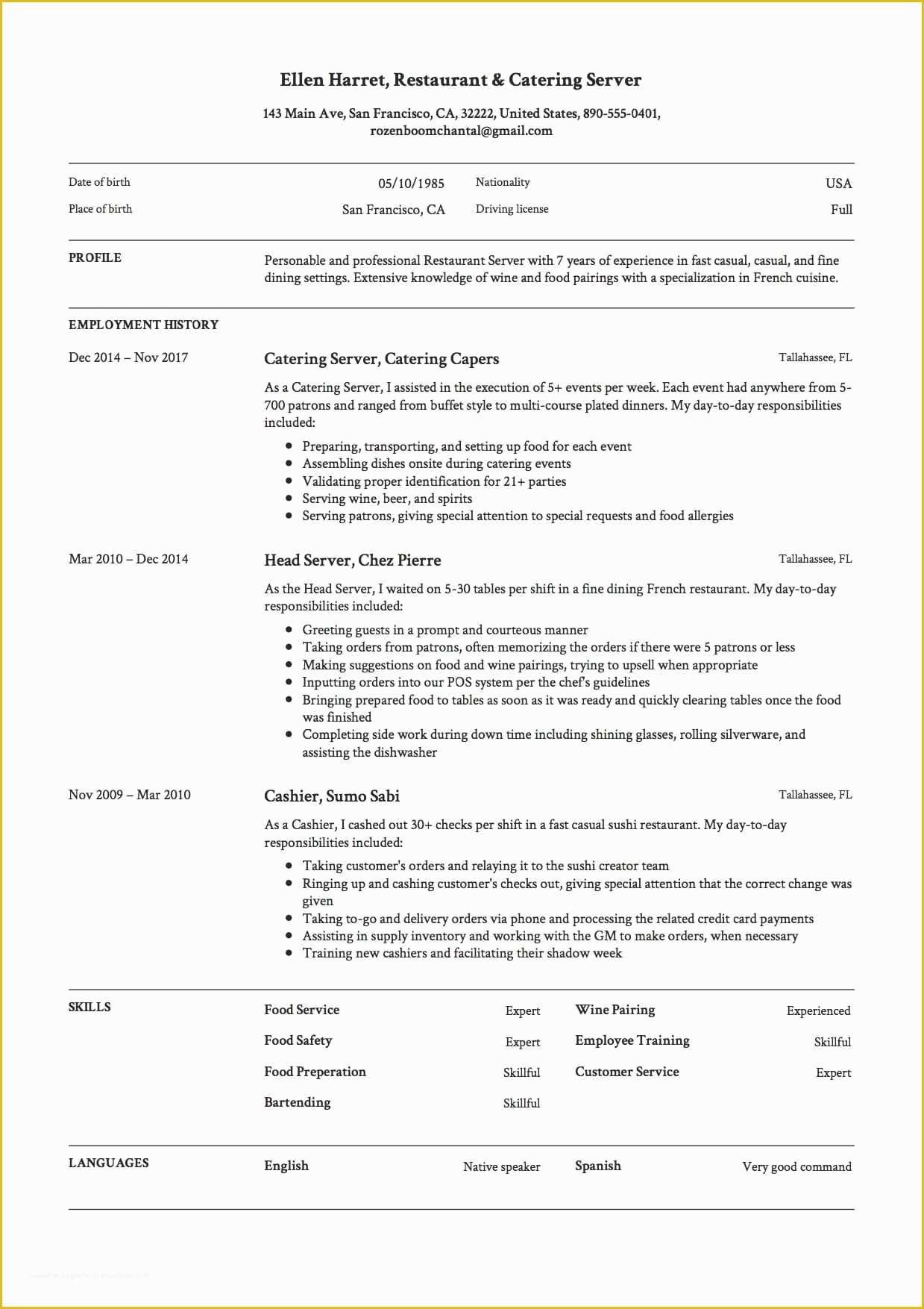 Free Resume Templates for Restaurant Servers Of 12 Restaurant Server Resume Sample S 2018 Free Downloads