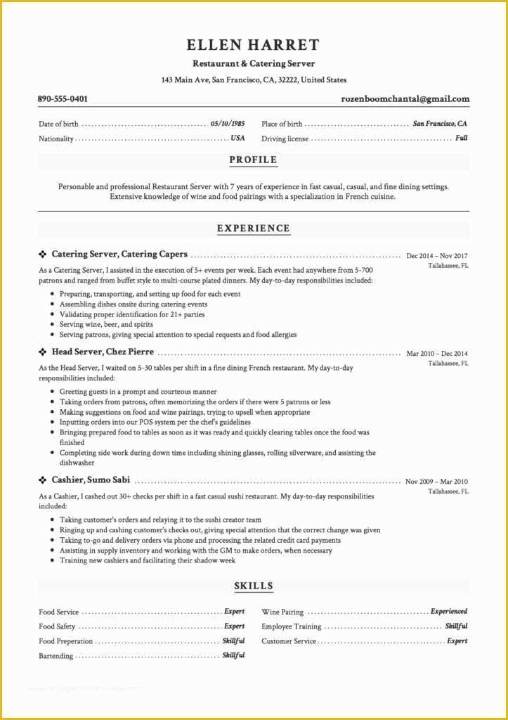 Free Resume Templates for Restaurant Servers Of 12 Restaurant Server Resume Sample S 2018 Free Downloads