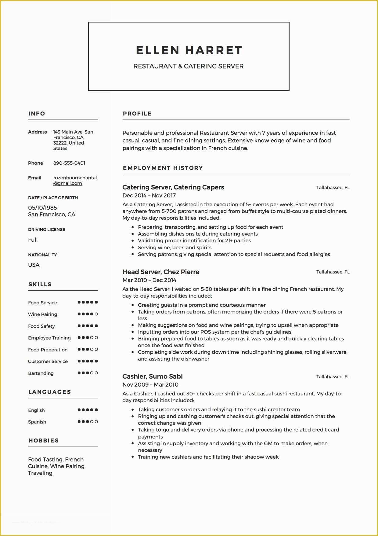 Free Resume Templates for Restaurant Servers Of 12 Restaurant Server Resume Sample S 2018 Free Downloads