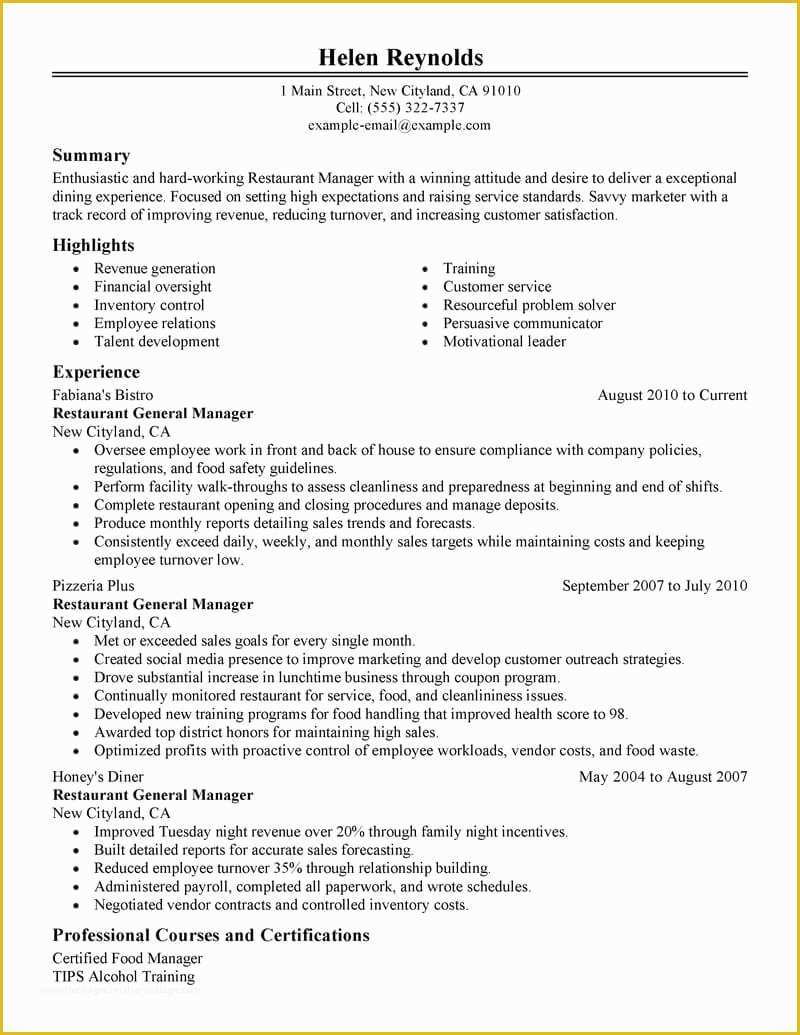 Free Resume Templates for Restaurant Servers Of Best Restaurant Manager Resume Example