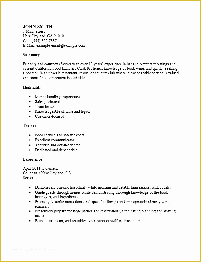 Free Resume Templates for Restaurant Servers Of Free Restaurant Server Resume Template Sample