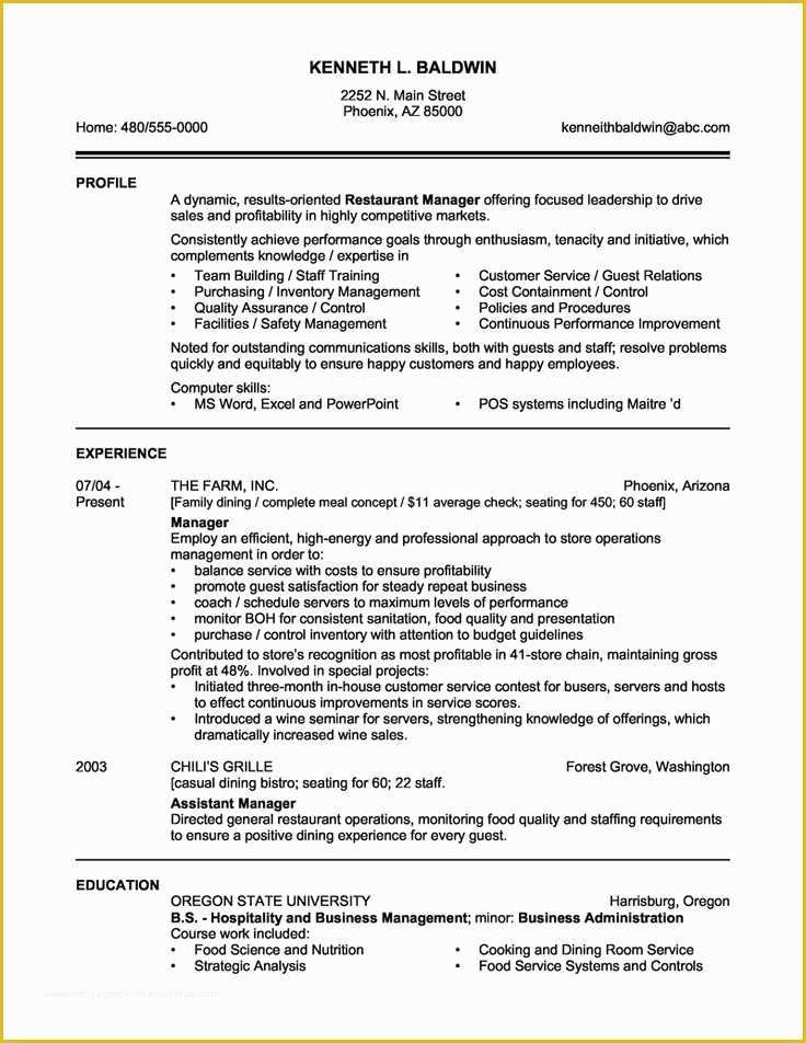 Free Resume Templates for Restaurant Servers Of Restaurant Manager Resume Sample O