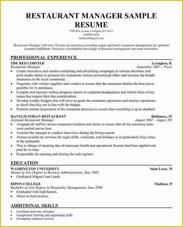 Free Resume Templates for Restaurant Servers Of Restaurant Manager Resume Template