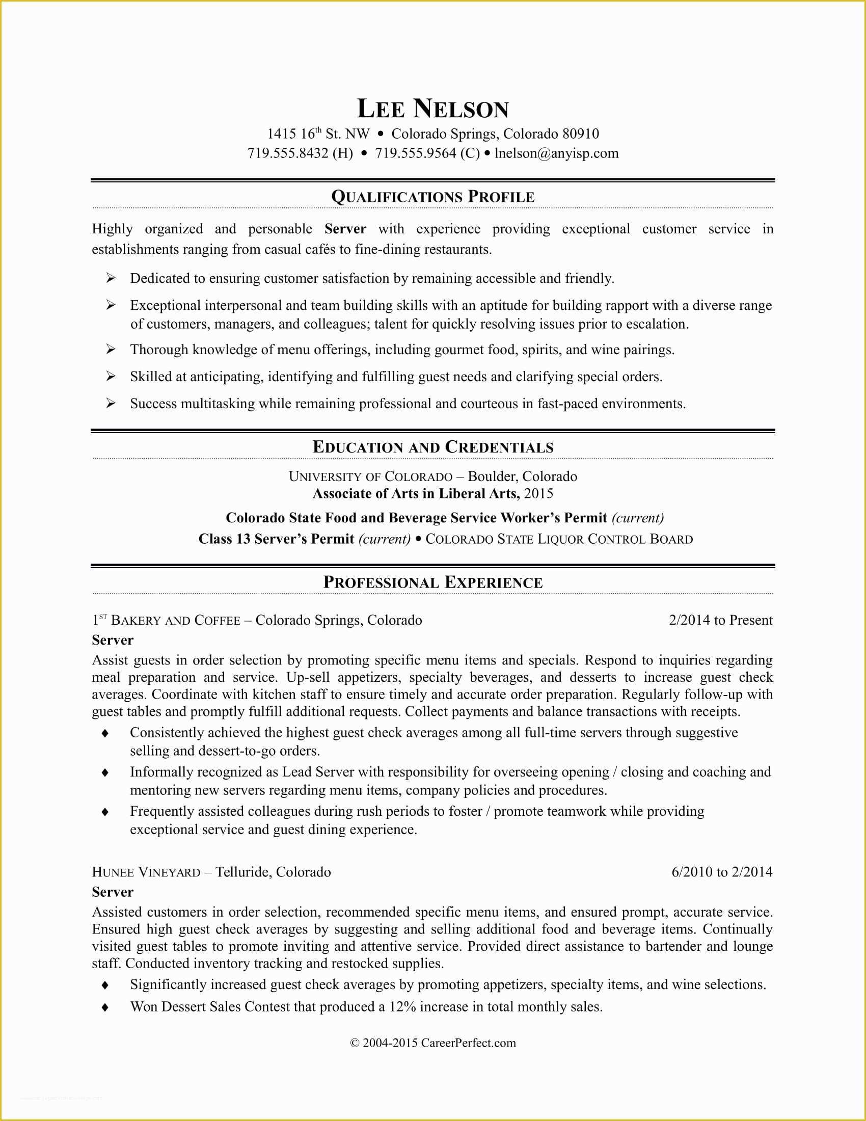 Free Resume Templates for Restaurant Servers Of Restaurant Server Resume Sample