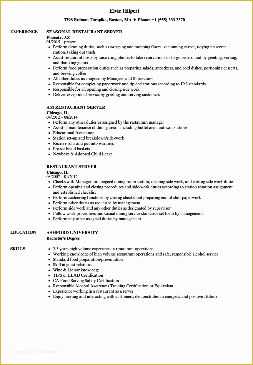 Free Resume Templates for Restaurant Servers Of Restaurant Server Resume Samples