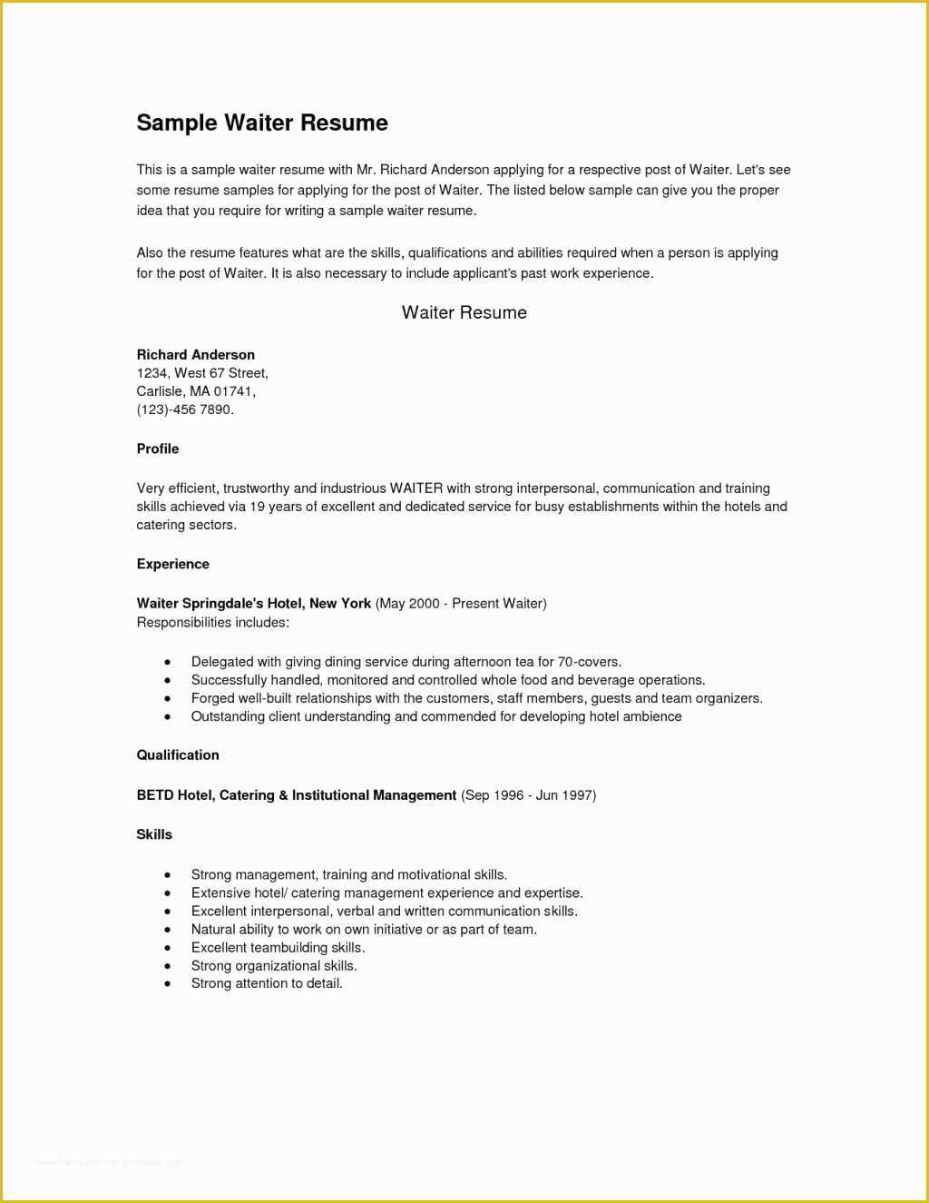 Free Resume Templates for Restaurant Servers Of Restaurant Server Resume Template Free Download Tag 47