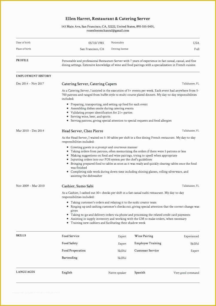 Free Resume Templates for Restaurant Servers Of Restaurant Server Resumes – Gyomorgyurufo