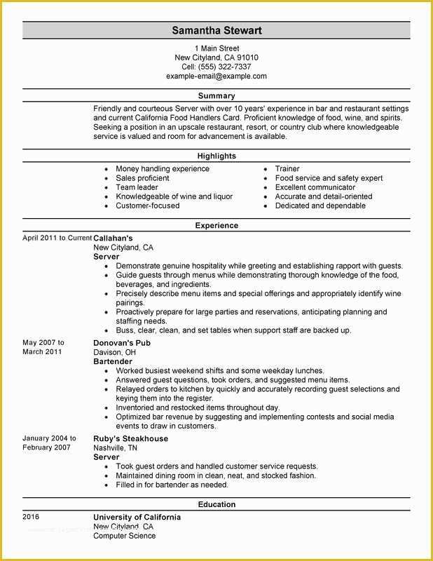 Free Resume Templates for Restaurant Servers Of Servers Resume Examples – Free to Try today