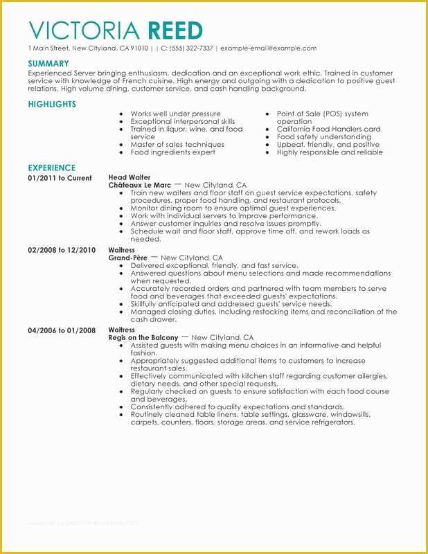 Free Resume Templates for Restaurant Servers Of Unfor Table Restaurant Server Resume Examples to Stand