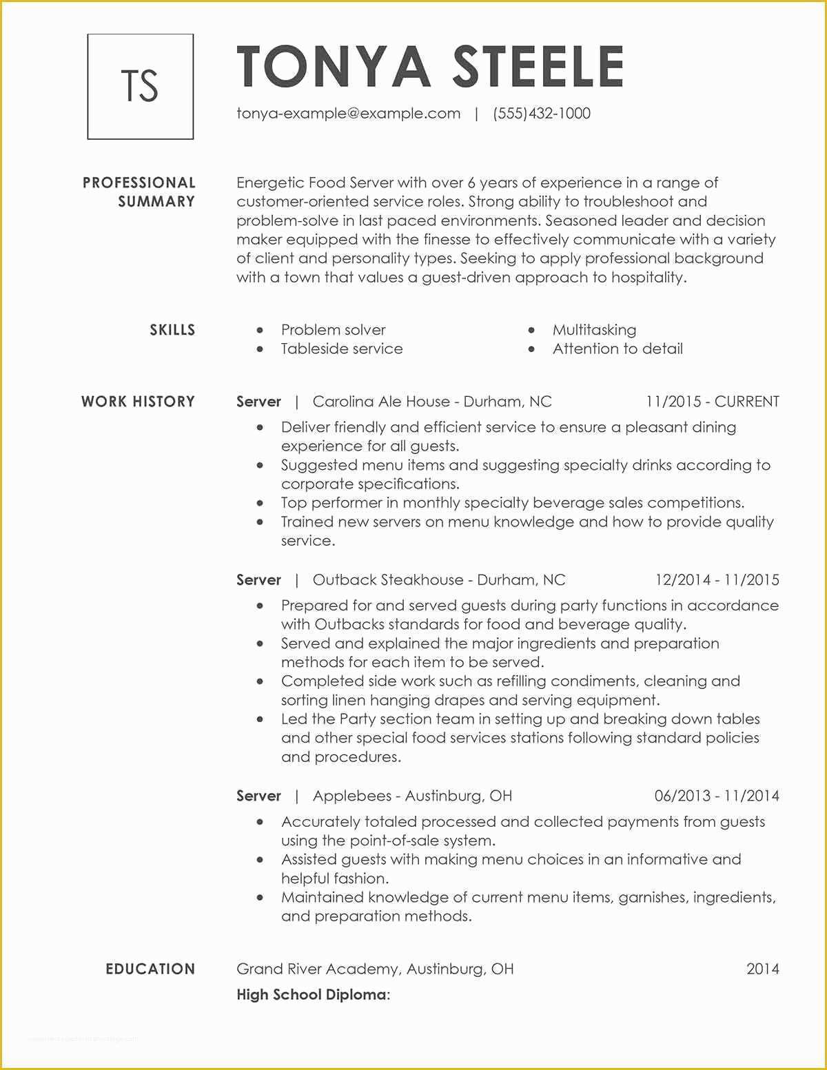 Free Resume Templates for Restaurant Servers Of Unfor Table Restaurant Server Resume Examples to Stand
