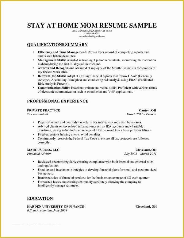 Free Resume Templates for Stay at Home Moms Of A Stay at Home Mom Resume for Parents with A solid Amount