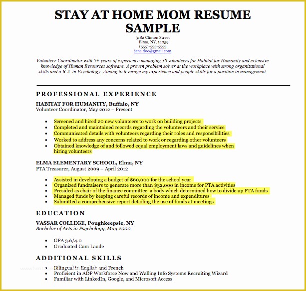 resume templates for stay at home moms returning to work