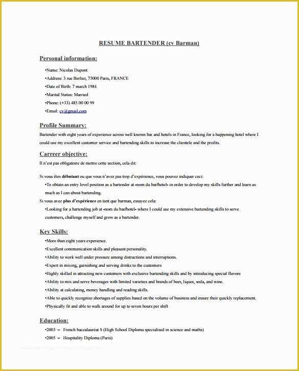 Free Resume Templates Pdf Of 8 Bartender Resume Templates Download for Free