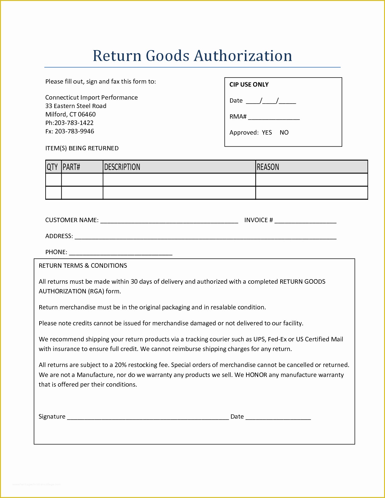 Return Authorization Form Template