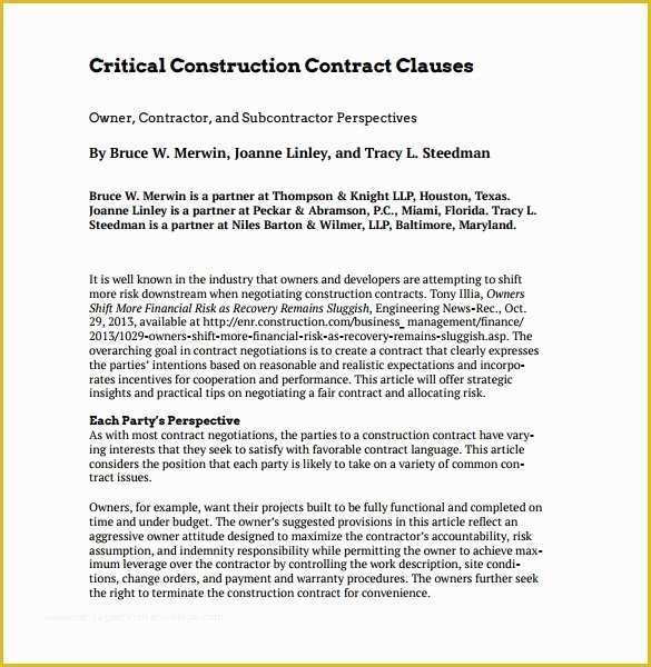 Free Roofing Contract Template Of Construction Contract 9 Download Documents In Pdf
