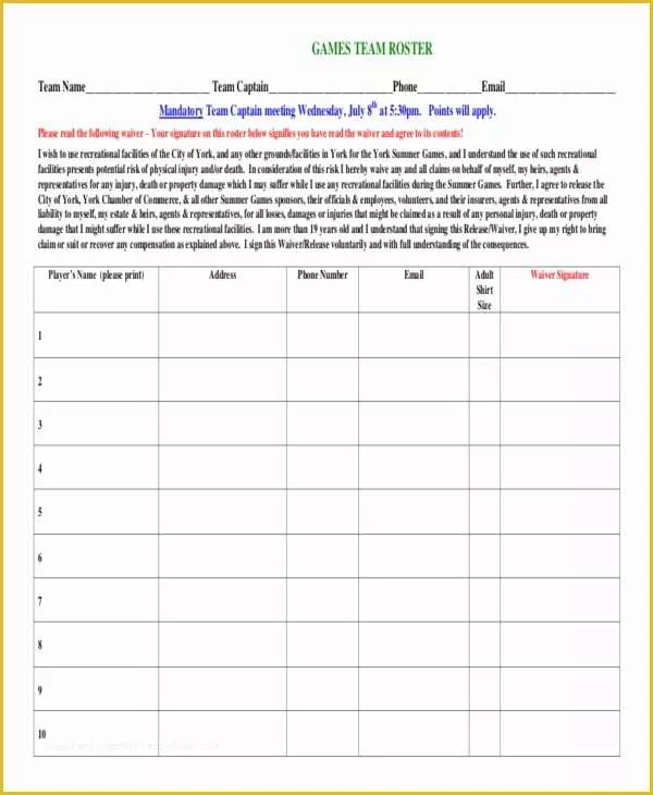 Free Roster Template Of 21 Roster form Templates 0 Freesample Example format