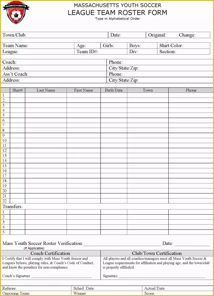 Free Roster Template Of soccer Game Schedule Template