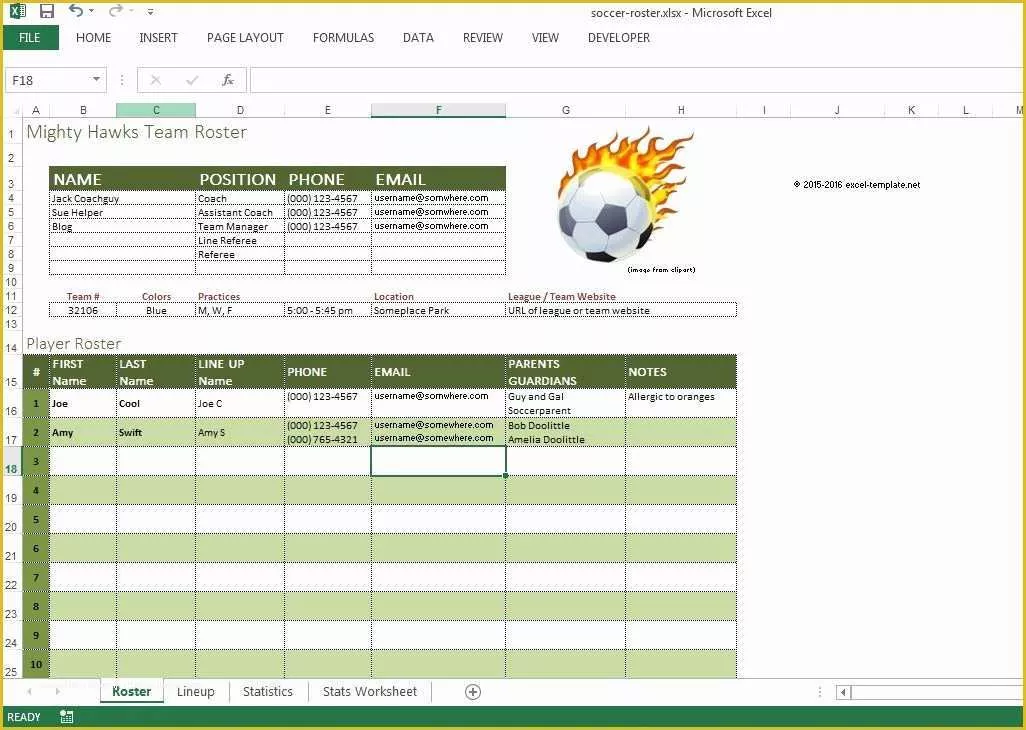 Free Roster Template Of soccer Roster Free Excel Template