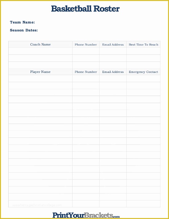 Free Roster Templates Printable Of Printable Basketball Roster Sheet Free tournament Brackets