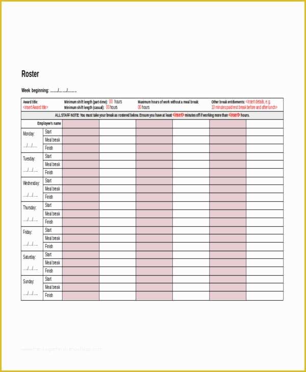 Free Printable Roster Template Pdf