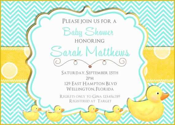 Free Rubber Ducky Baby Shower Invitations Template Of Rubber Ducky Baby Shower Invitation Teal and Yellow Chevron