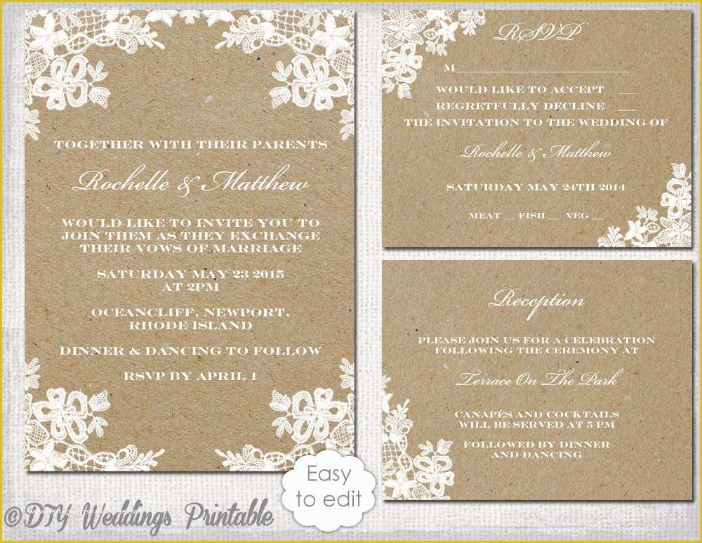 Free Rustic Wedding Invitation Printable Templates Of Rustic Wedding Invitation Set Diy Rustic Lace