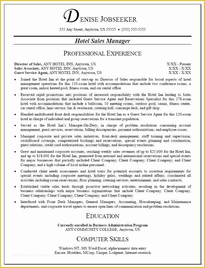 Free Sales Manager Resume Templates Of Hotel Management Resume Templates