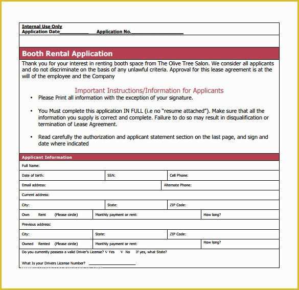 Free Salon Application Template Of 8 Booth Rental Agreement Templates – Samples Examples