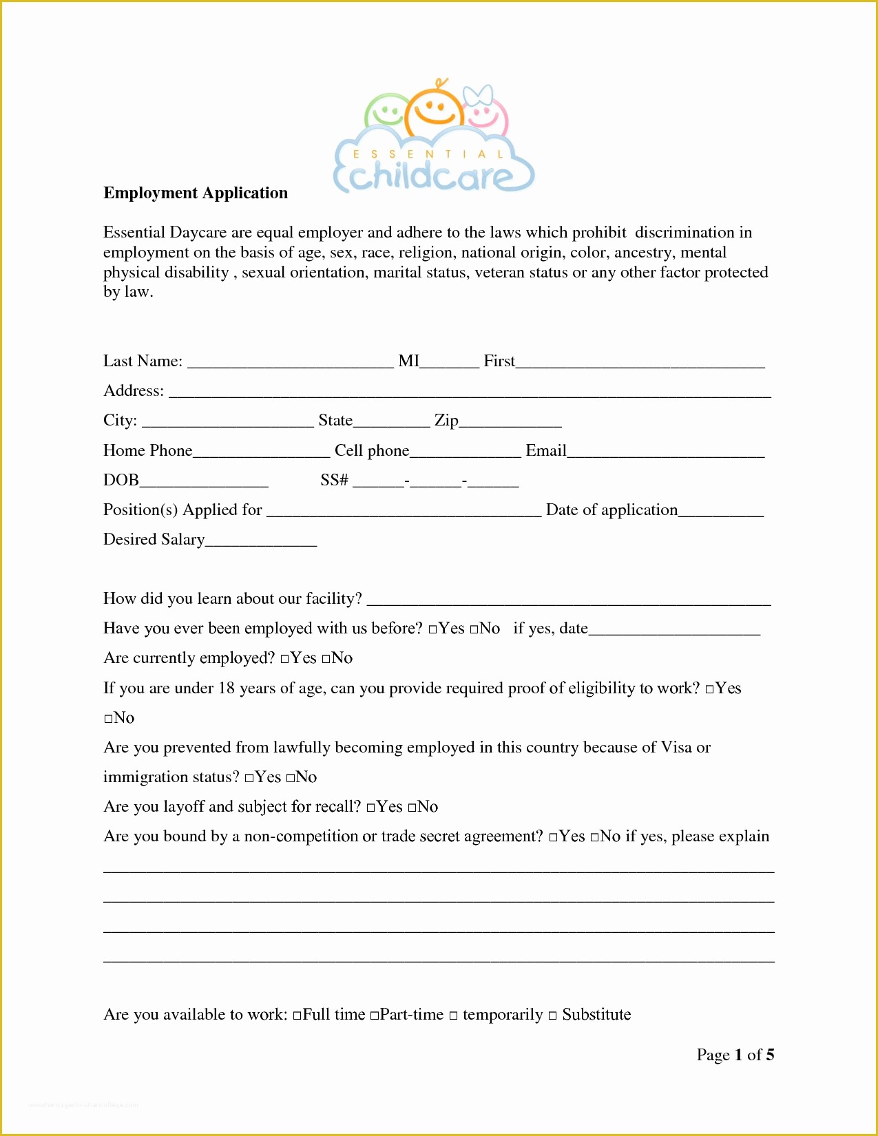 Free Salon Application Template Of Daycare Center Employment Application Bing