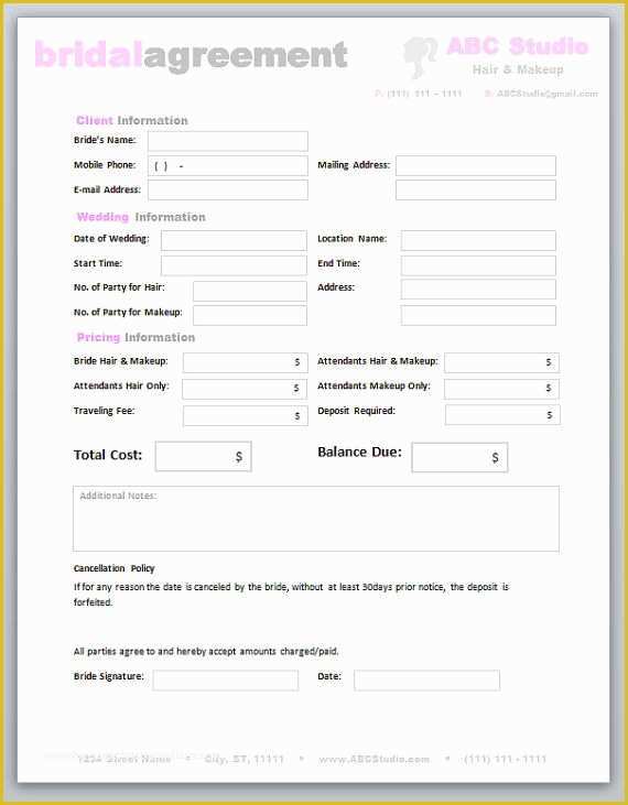 Free Salon Application Template Of Freelance Hair Stylist & Makeup Artist Bridal Agreement