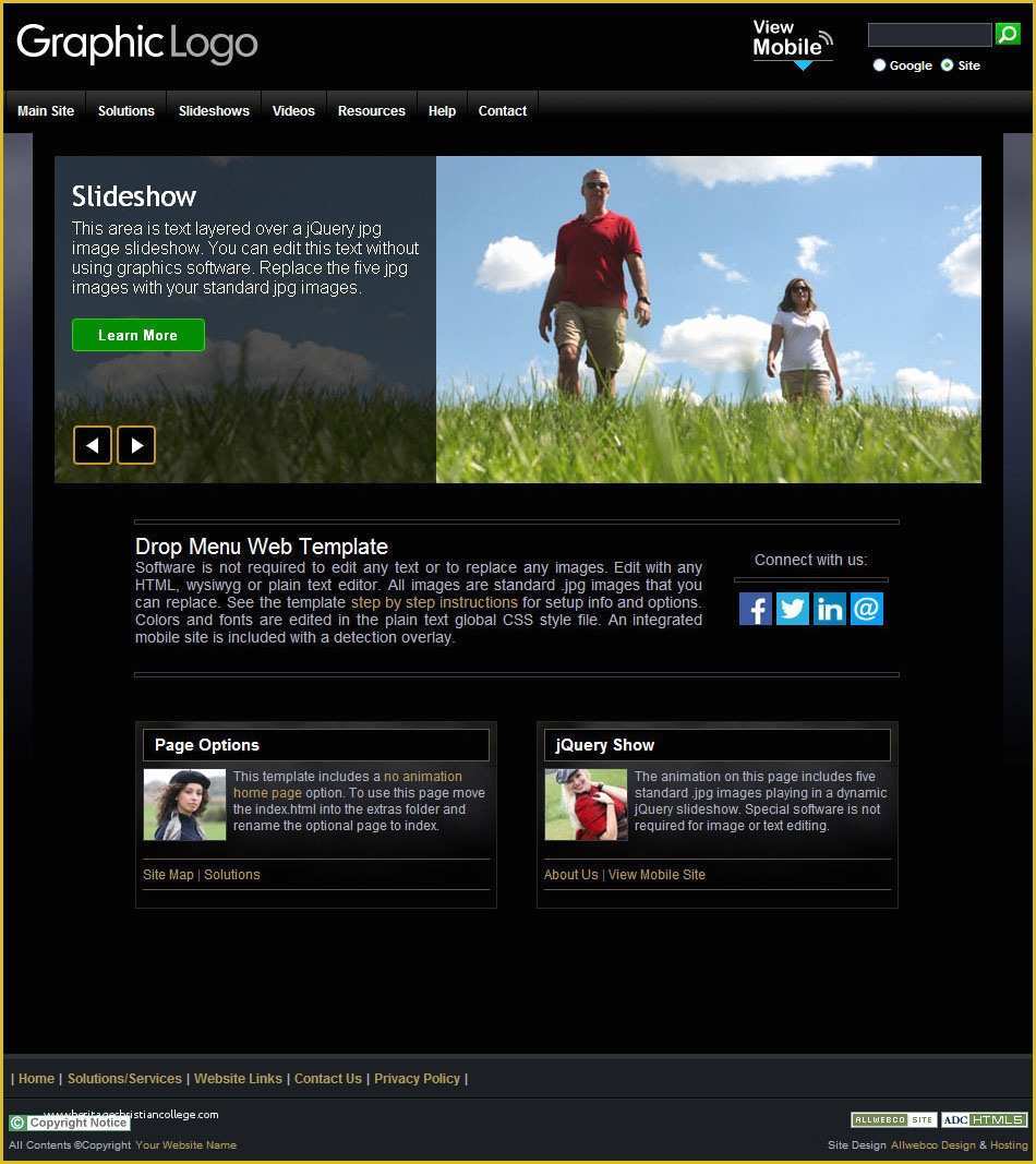 Free Sample HTML Web Page Templates Of Web Template Ourearth Black with Integrated Mobile Website