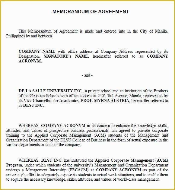 Free Sample Memorandum Of Understanding Template Of Memorandum Of Agreement 7 Free Samples Examples format