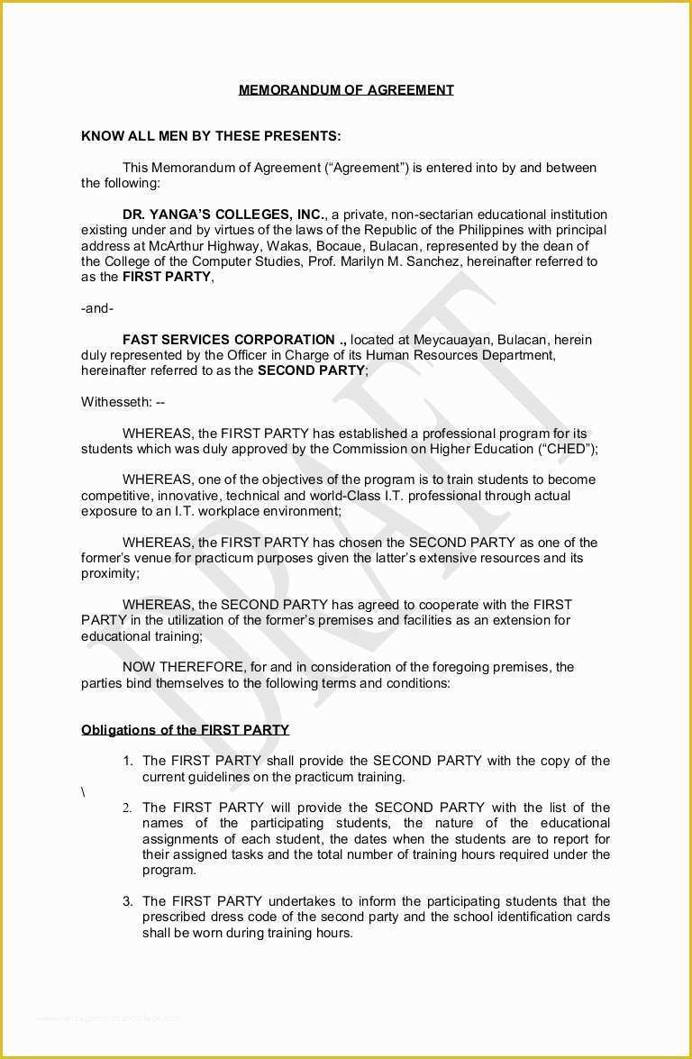 Free Sample Memorandum Of Understanding Template Of Memorandum Of Agreement