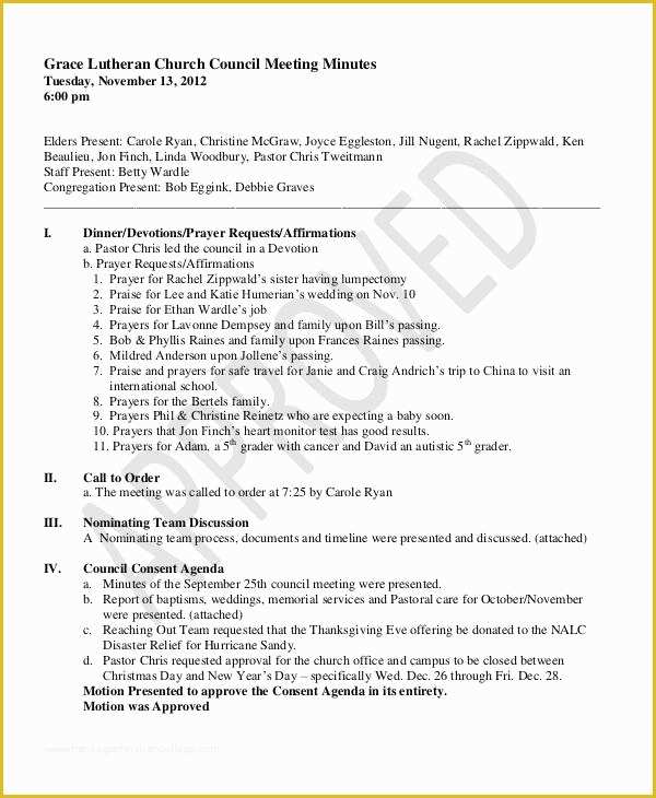 Free Sample Minutes Of Meeting Template Of 11 Church Meeting Minutes Templates