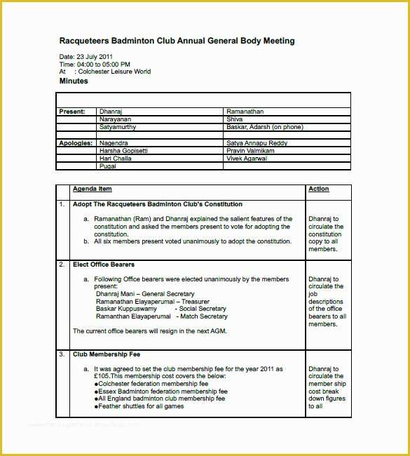 Free Sample Minutes Of Meeting Template Of Club Meeting Minutes Template 9 Free Sample Example