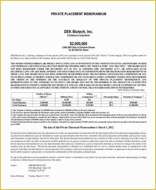 48 Free Sample Private Placement Memorandum Template