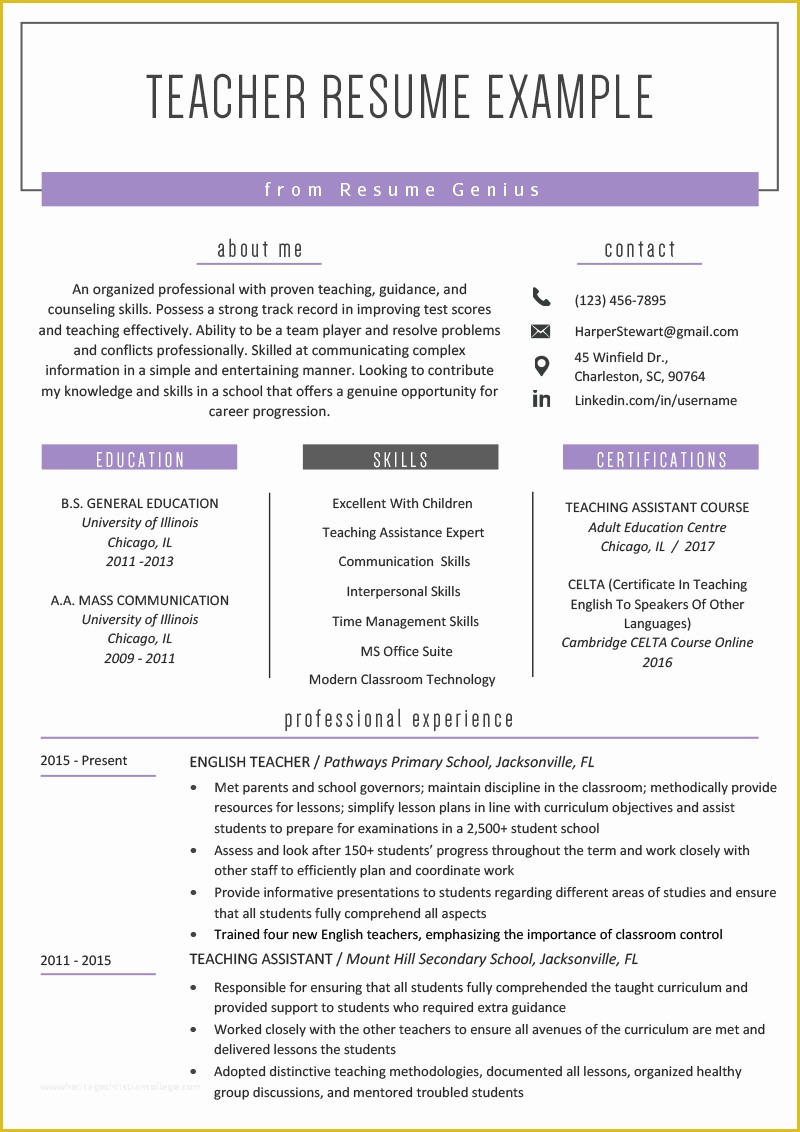 Free Sample Professional Resume Template Of Teacher Resume Samples & Writing Guide