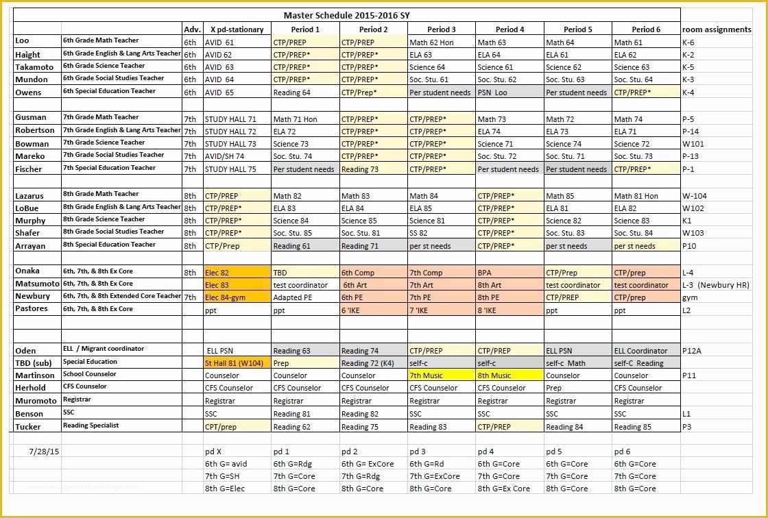 Free School Master Schedule Template Of 2015 16 Sy Master Schedule 7 28 15 Waimea Middle School