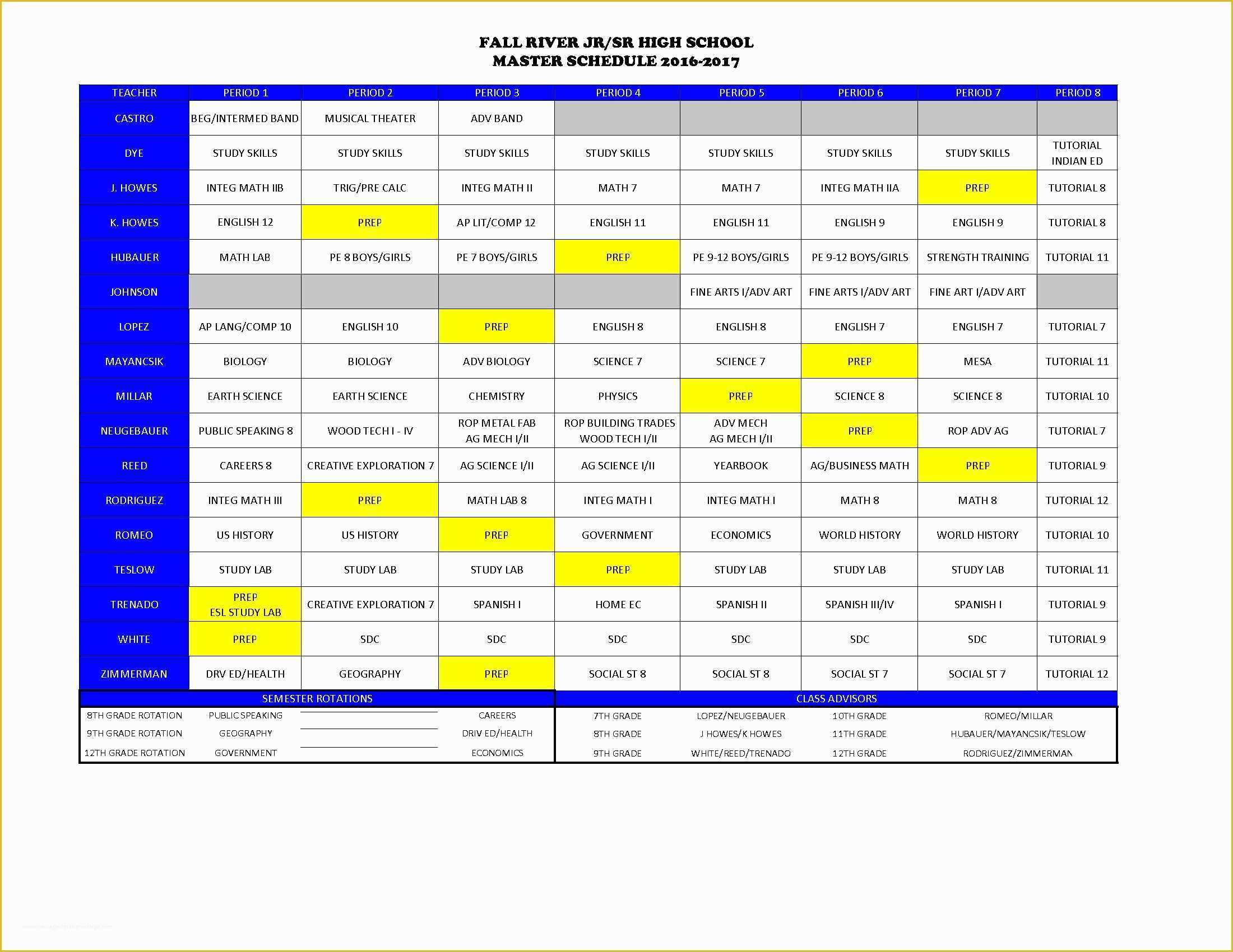 Free School Master Schedule Template Of Master Schedule Fall River Jr Sr High School