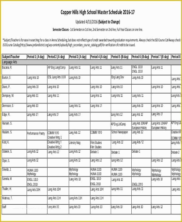 Free School Master Schedule Template Of Master Schedule Templates 11 Free Samples Examples