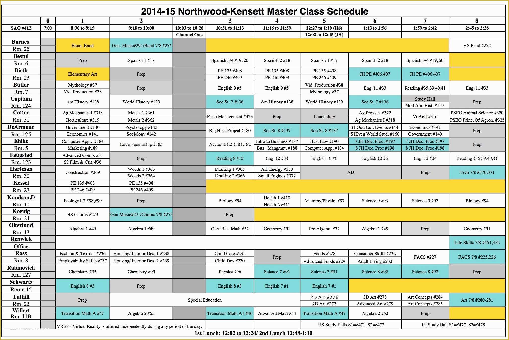 Free School Master Schedule Template Of northwood Kensett 2015 2016 High School Class Schedule